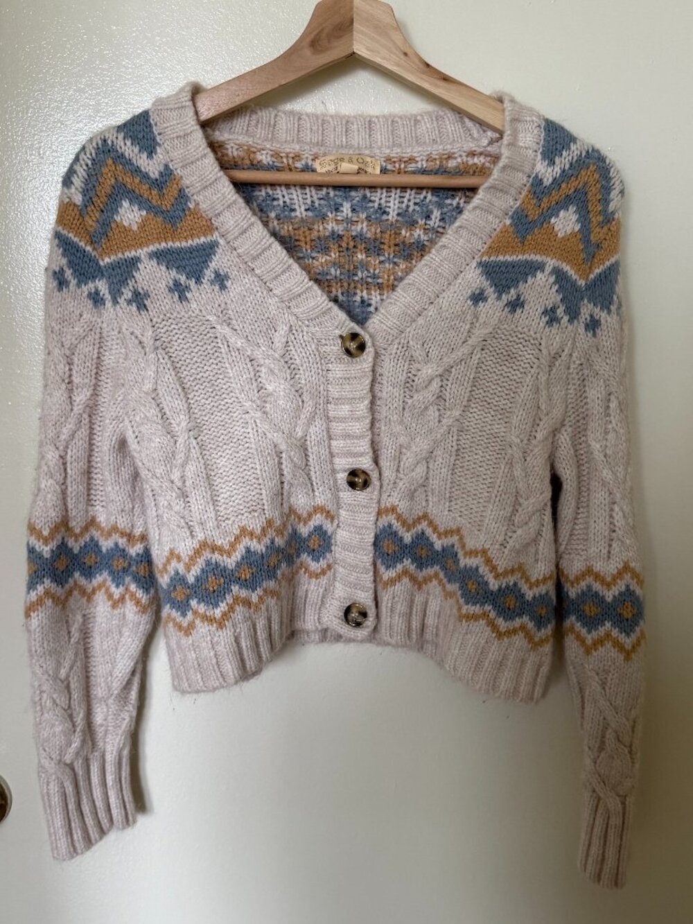 Sage & Oak Cream Pastel Blue Print Cable Knit Crop Cardigan S